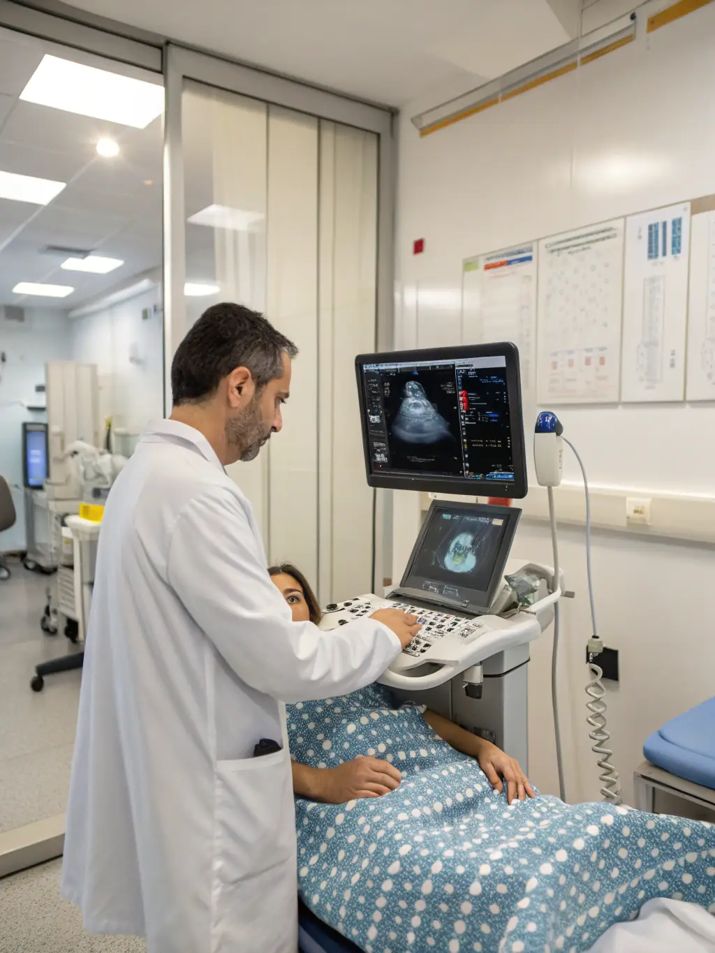 A radiologist performing an ultrasound scan on a patient, demonstrating the clinic's commitment to accurate and timely diagnostics at Acacia Surgery & Breast Clinic.
