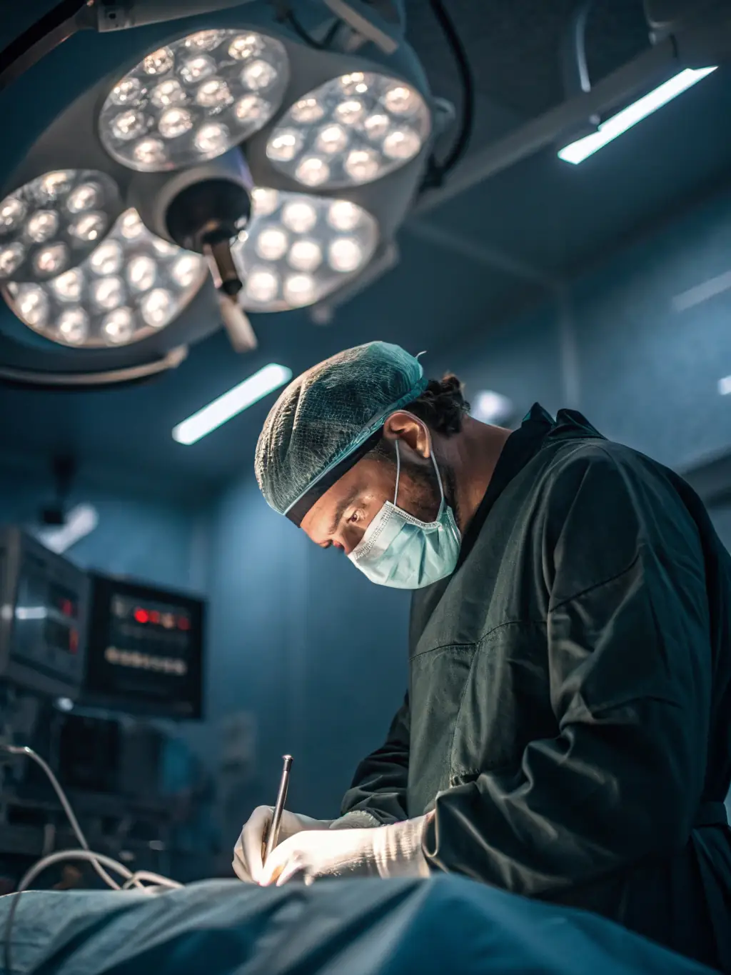 A surgeon performing a laparoscopic surgery with advanced medical equipment in a sterile operating room, showcasing the precision and technology used at Acacia Surgery & Breast Clinic.