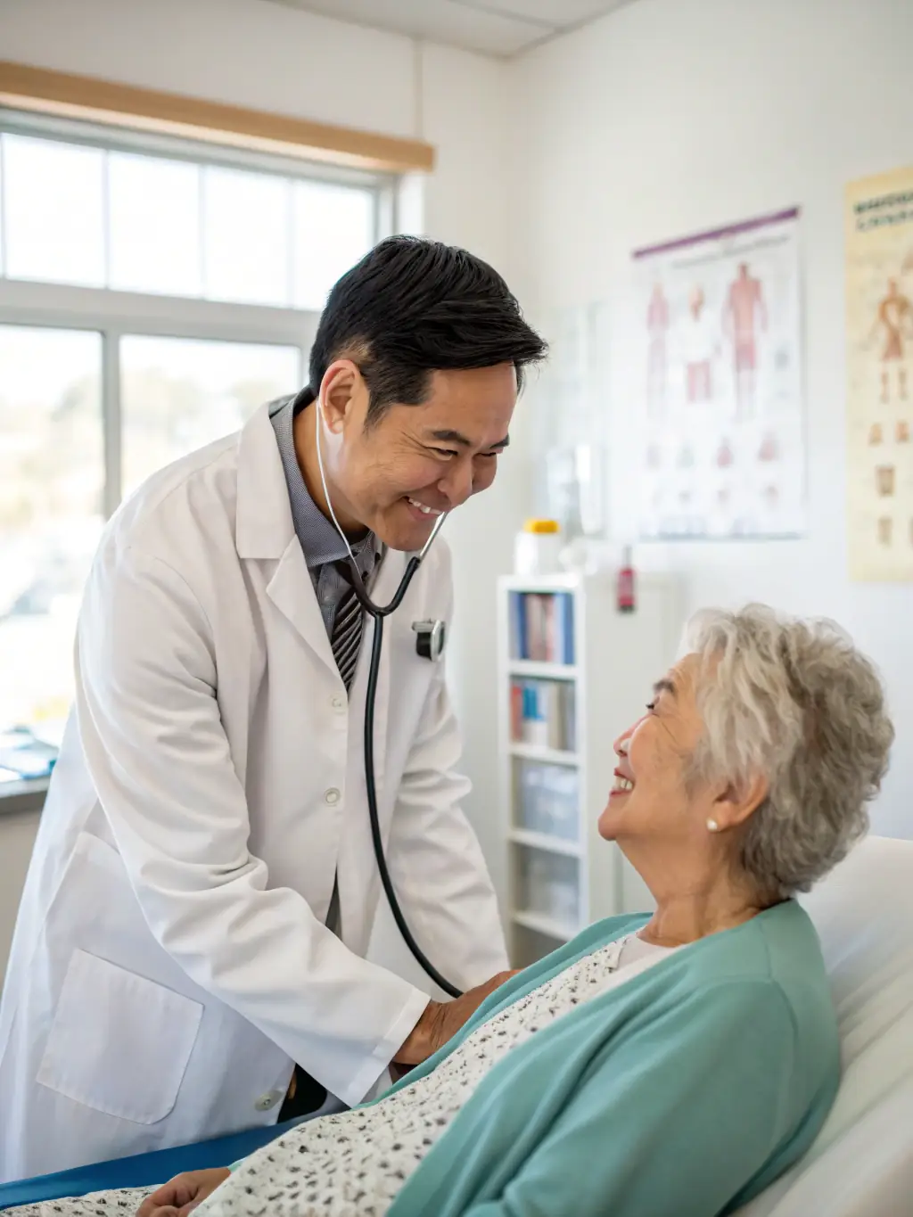 A medical professional performing a breast examination on a patient, ensuring a compassionate and thorough approach in a well-lit examination room at Acacia Surgery & Breast Clinic.
